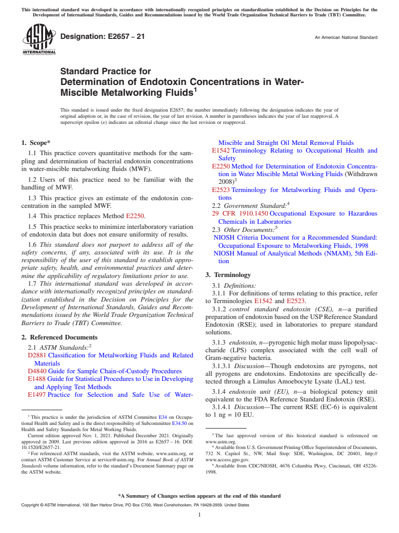 ASTM E2657-21 - Standard Practice for Determination of Endotoxin Concentrations in Water-Miscible  Metalworking Fluids