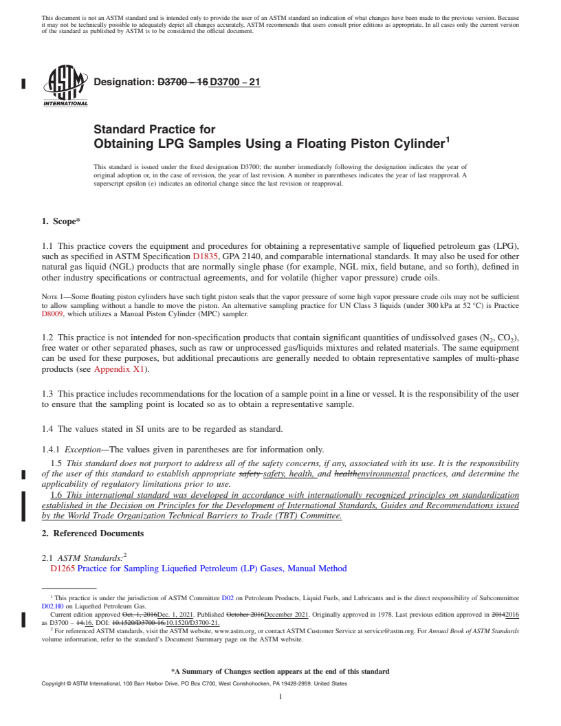 REDLINE ASTM D3700-21 - Standard Practice for Obtaining LPG Samples Using a Floating Piston Cylinder