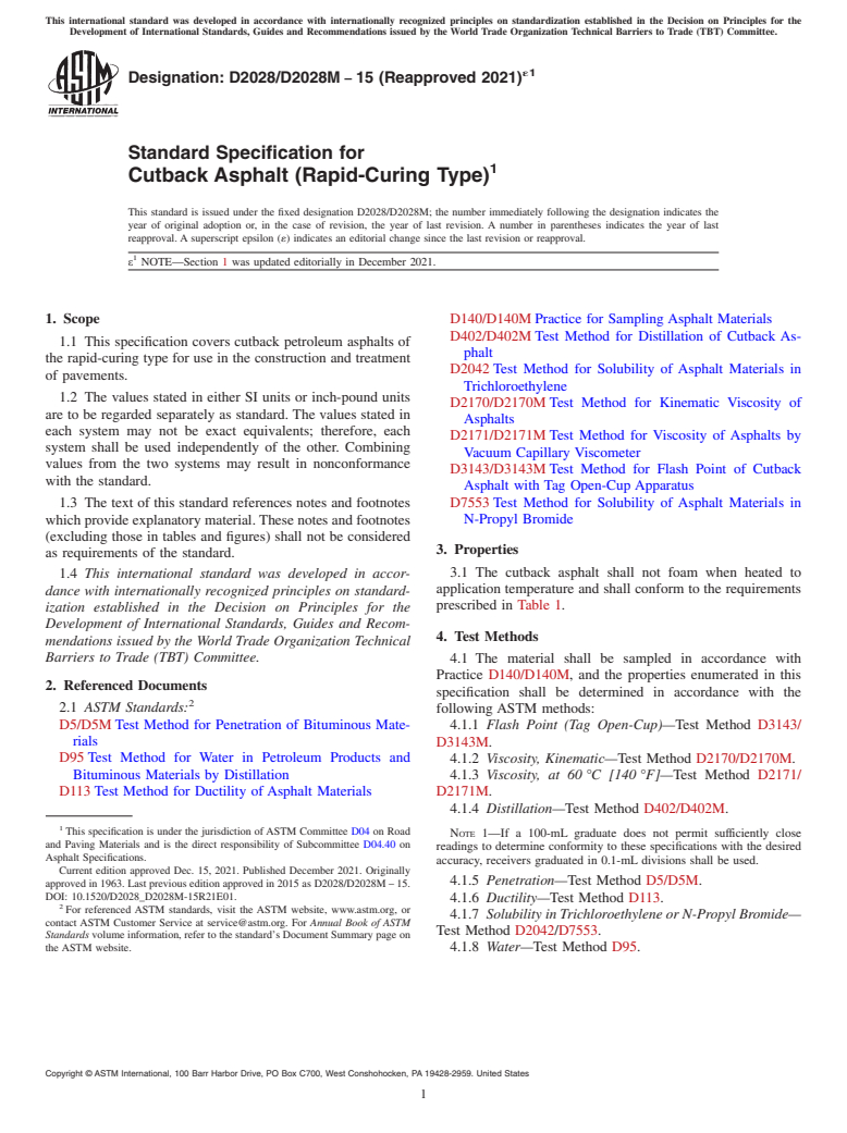 ASTM D2028/D2028M-15(2021)e1 - Standard Specification for  Cutback Asphalt (Rapid-Curing Type)