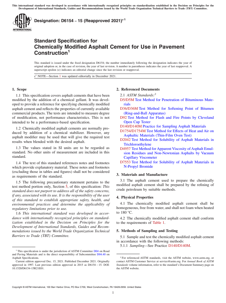 ASTM D6154-15(2021)e1 - Standard Specification for Chemically Modified Asphalt Cement for Use in Pavement Construction