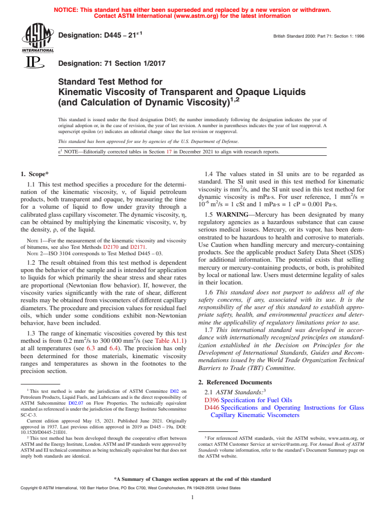 ASTM D445-21e1 - Standard Test Method for  Kinematic Viscosity of Transparent and Opaque Liquids (and  Calculation of Dynamic Viscosity)