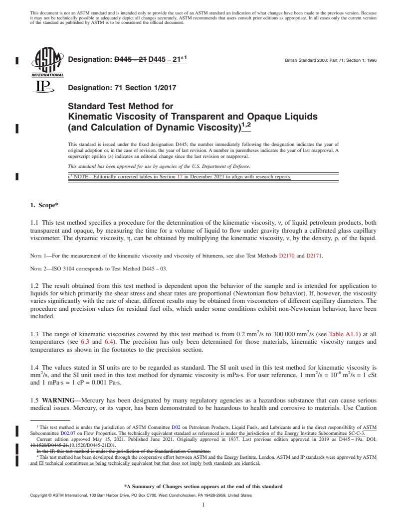 REDLINE ASTM D445-21e1 - Standard Test Method for  Kinematic Viscosity of Transparent and Opaque Liquids (and  Calculation of Dynamic Viscosity)