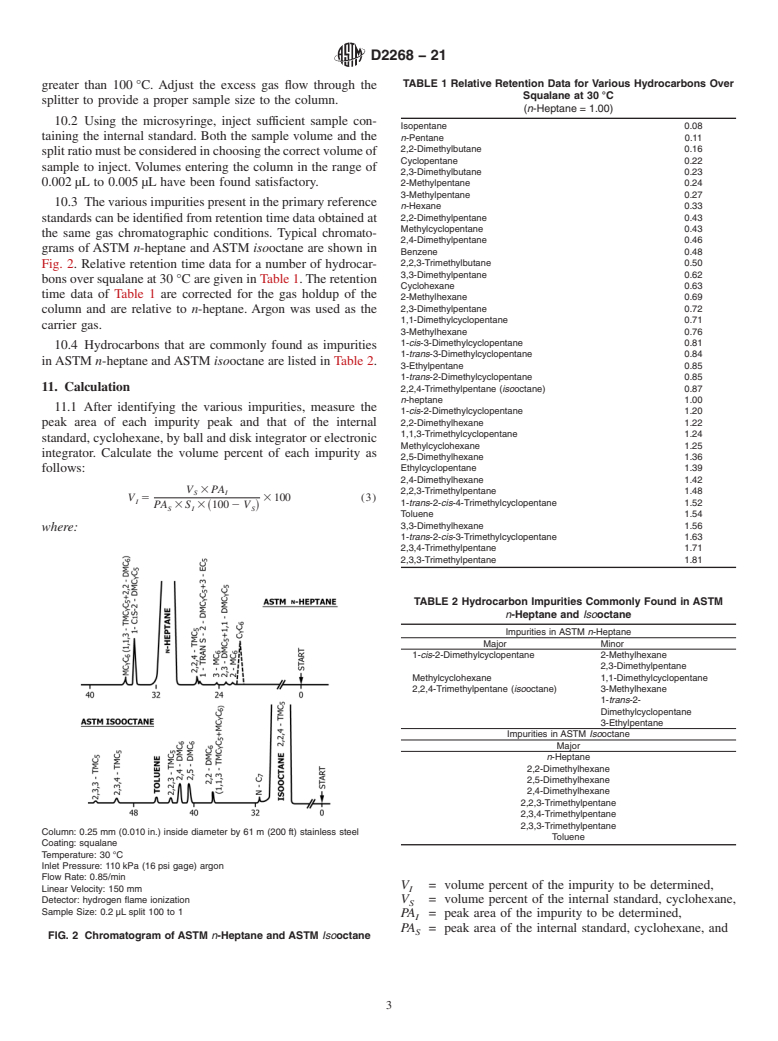 ASTM D2268-21 - Standard Test Method for  Analysis of High-Purity <emph type="ital">n</emph>-Heptane  and <emph type="ital">Iso</emph>octane by Capillary Gas Chromatography