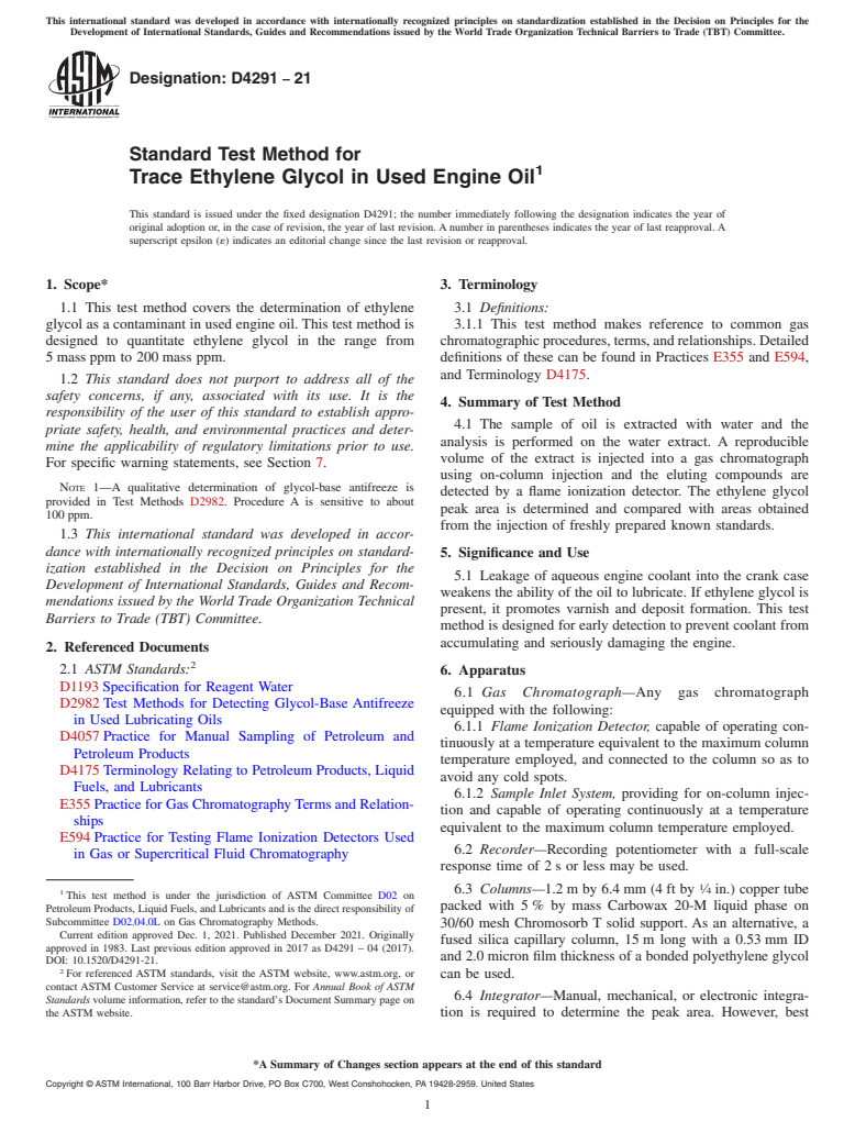 ASTM D4291-21 - Standard Test Method for  Trace Ethylene Glycol in Used Engine Oil