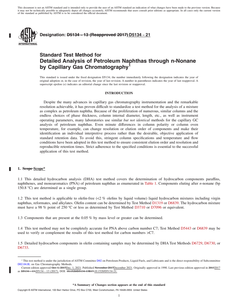 REDLINE ASTM D5134-21 - Standard Test Method for  Detailed Analysis of Petroleum Naphthas through n-Nonane by Capillary Gas Chromatography