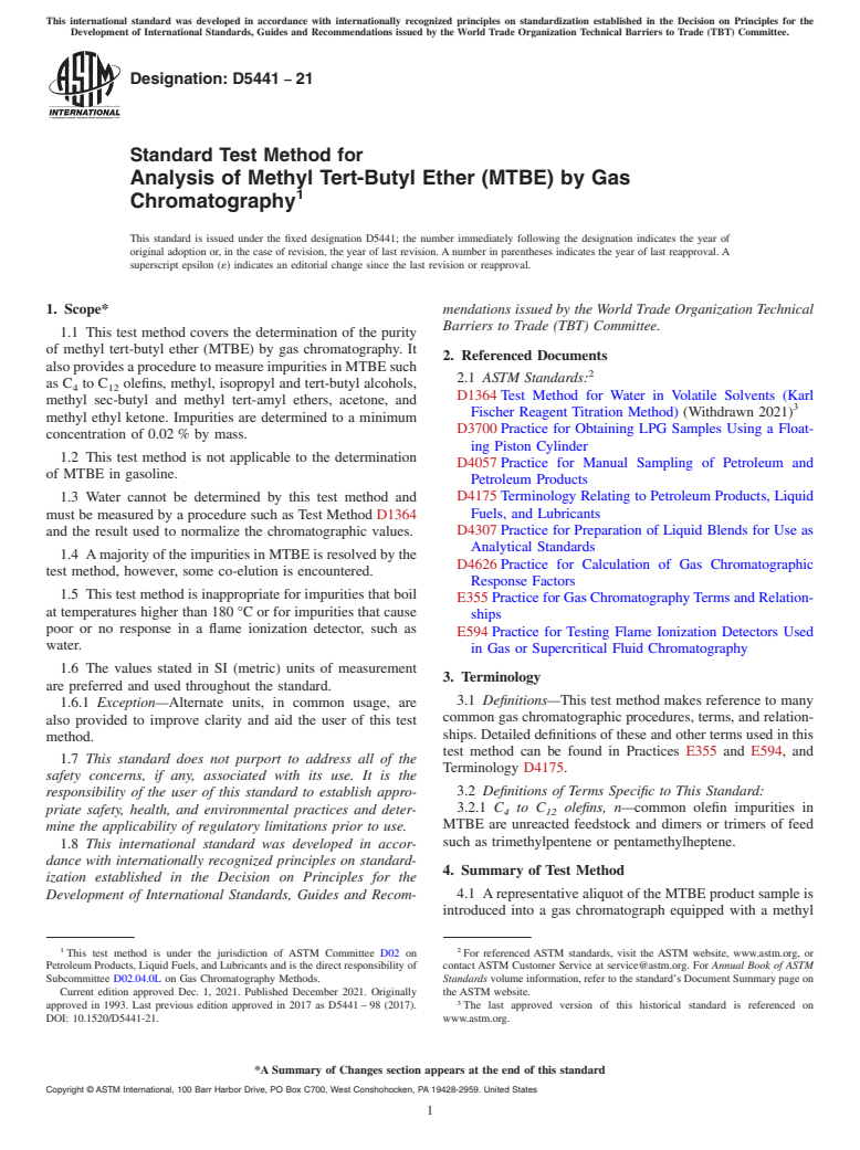 ASTM D5441-21 - Standard Test Method for Analysis of Methyl Tert-Butyl Ether (MTBE) by Gas Chromatography