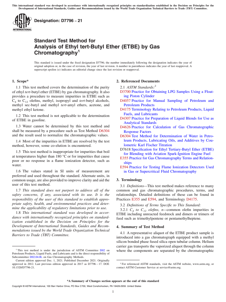 ASTM D7796-21 - Standard Test Method for Analysis of Ethyl tert-Butyl Ether (ETBE) by Gas Chromatography