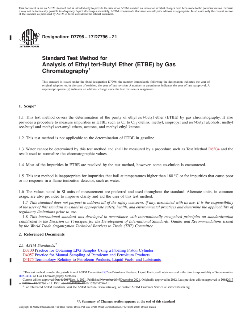 REDLINE ASTM D7796-21 - Standard Test Method for Analysis of Ethyl tert-Butyl Ether (ETBE) by Gas Chromatography