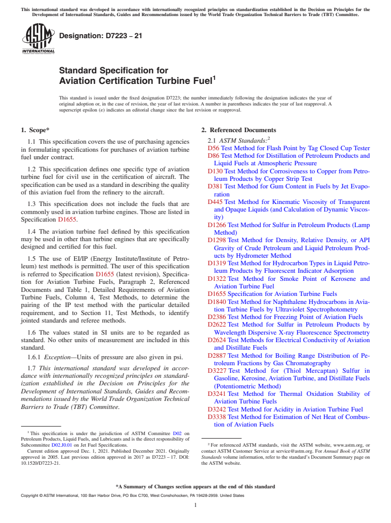 ASTM D7223-21 - Standard Specification for  Aviation Certification Turbine Fuel