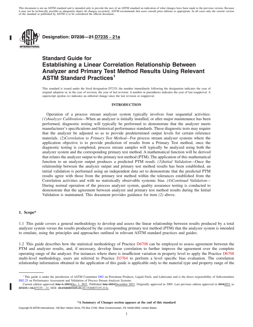 REDLINE ASTM D7235-21a - Standard Guide for  Establishing a Linear Correlation Relationship Between Analyzer  and Primary Test Method Results Using Relevant ASTM Standard Practices