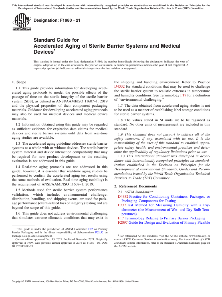 ASTM F1980-21 - Standard Guide for  Accelerated Aging of Sterile Barrier Systems and Medical Devices