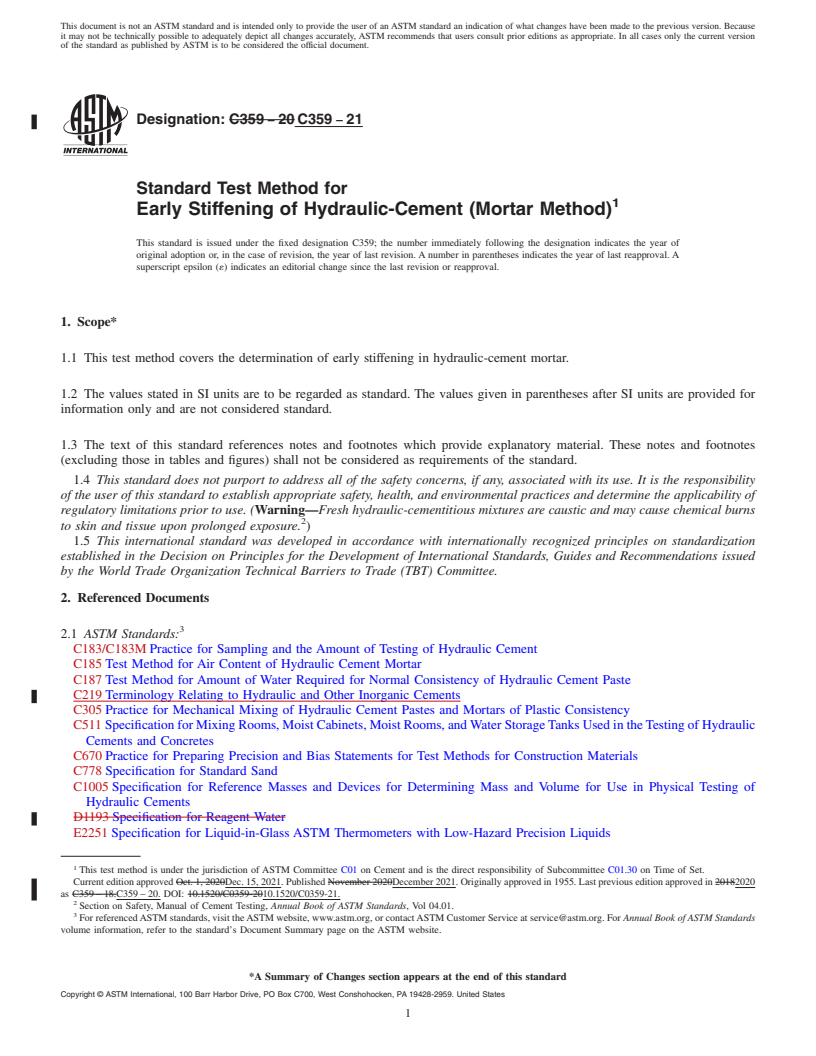 REDLINE ASTM C359-21 - Standard Test Method for  Early Stiffening of Hydraulic-Cement (Mortar Method)