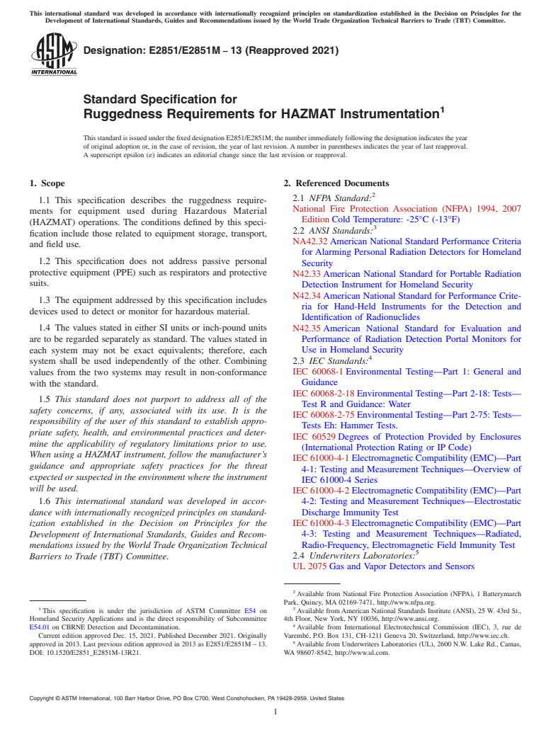 ASTM E2851/E2851M-13(2021) - Standard Specification for Ruggedness Requirements for HAZMAT Instrumentation