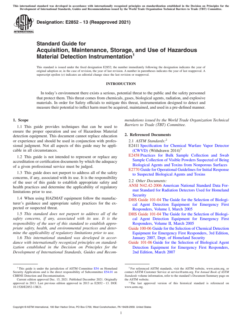 ASTM E2852-13(2021) - Standard Guide for Acquisition, Maintenance, Storage, and Use of Hazardous Material  Detection Instrumentation