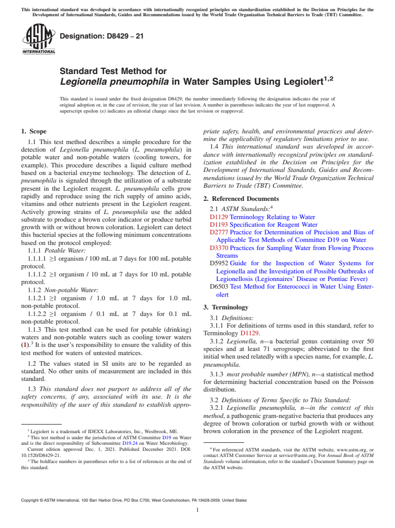 ASTM D8429-21 - Standard Test Method for <emph type="bdit">Legionella pneumophila</emph> in Water Samples  Using Legiolert