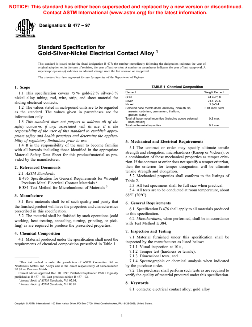 ASTM B477-97 - Standard Specification for Gold-Silver-Nickel Electrical Contact Alloy