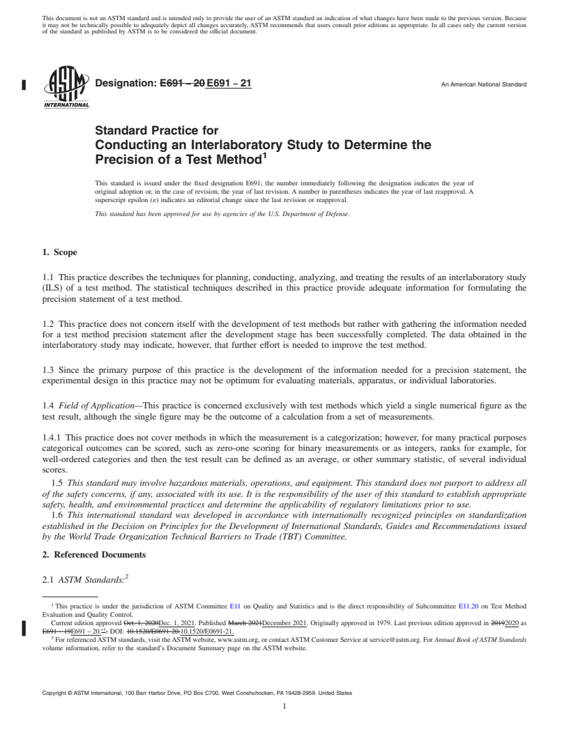 REDLINE ASTM E691-21 - Standard Practice for  Conducting an Interlaboratory Study to Determine the Precision  of a Test Method