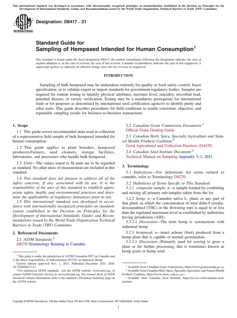 ASTM D8417-21 - Standard Guide for Sampling of Hempseed Intended for Human Consumption