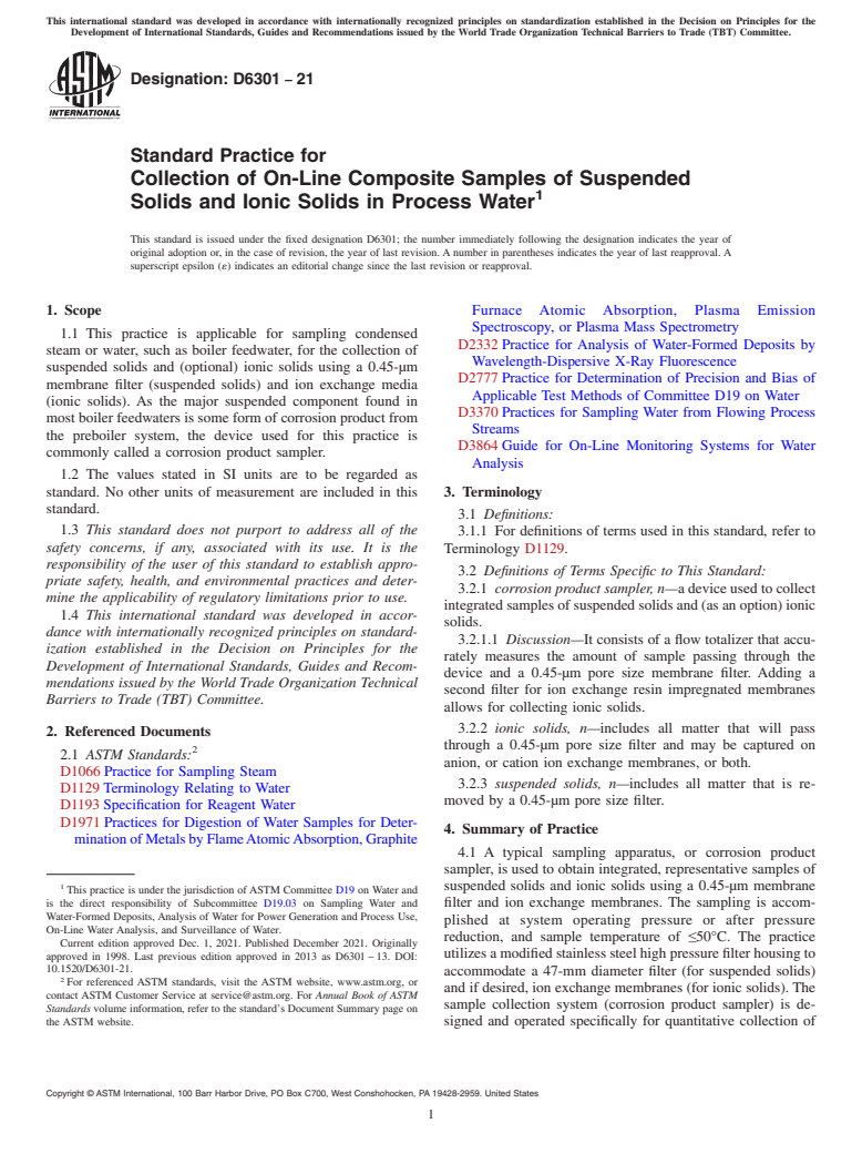 ASTM D6301-21 - Standard Practice for  Collection of On-Line Composite Samples of Suspended Solids and Ionic Solids in Process Water