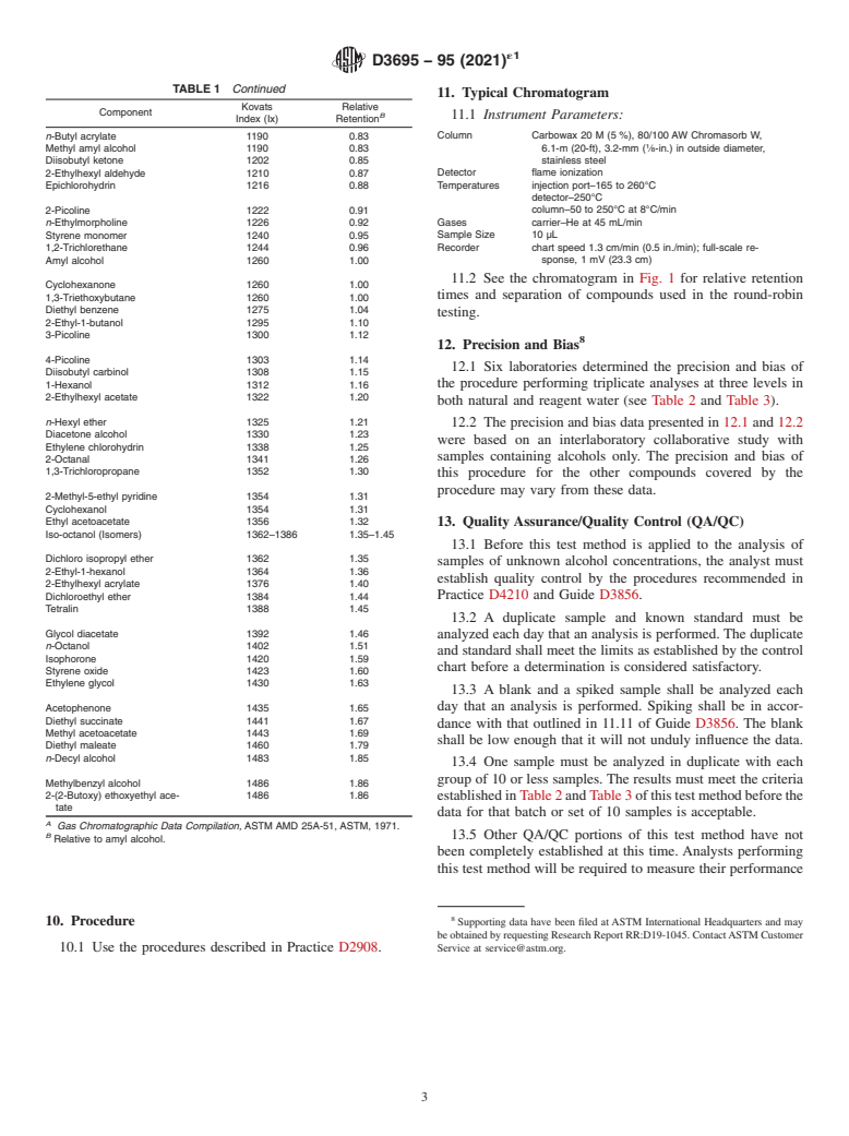 ASTM D3695-95(2021)e1 - Standard Test Method for  Volatile Alcohols in Water by Direct Aqueous-Injection Gas  Chromatography