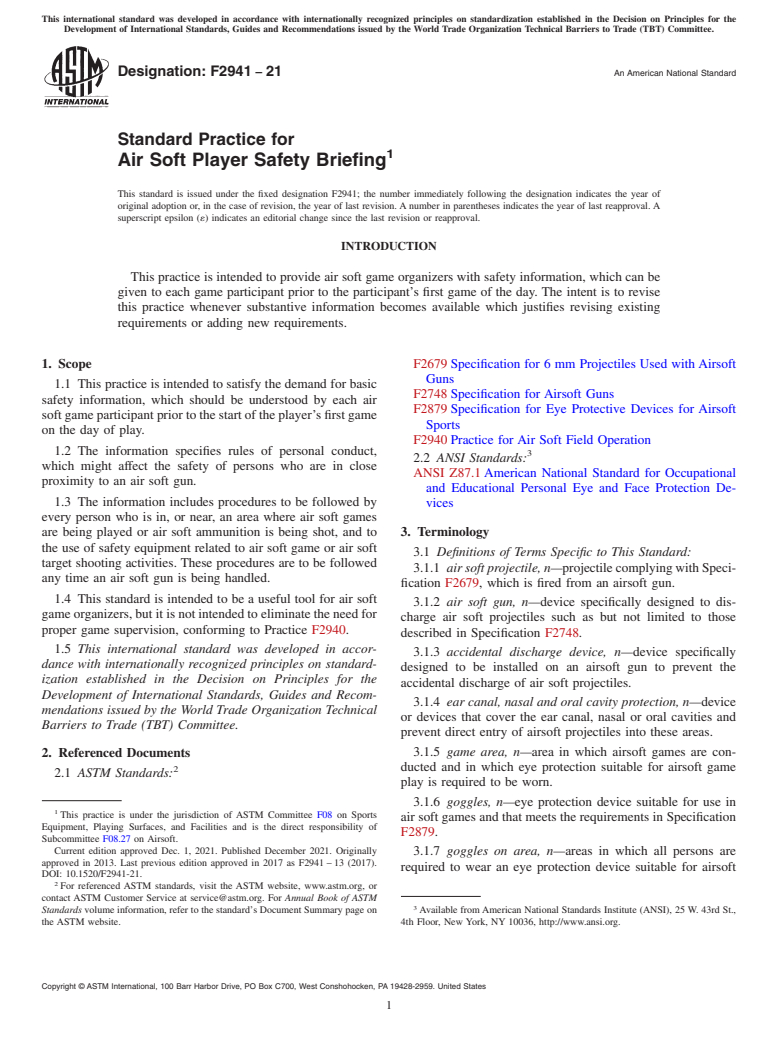 ASTM F2941-21 - Standard Practice for Air Soft Player Safety Briefing