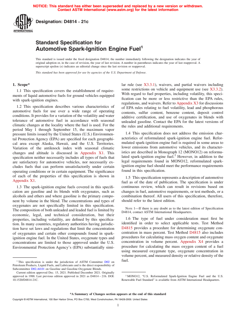 ASTM D4814-21c - Standard Specification for Automotive Spark-Ignition Engine Fuel