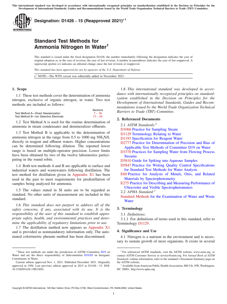 ASTM D1426-15(2021)e1 - Standard Test Methods for  Ammonia Nitrogen In Water