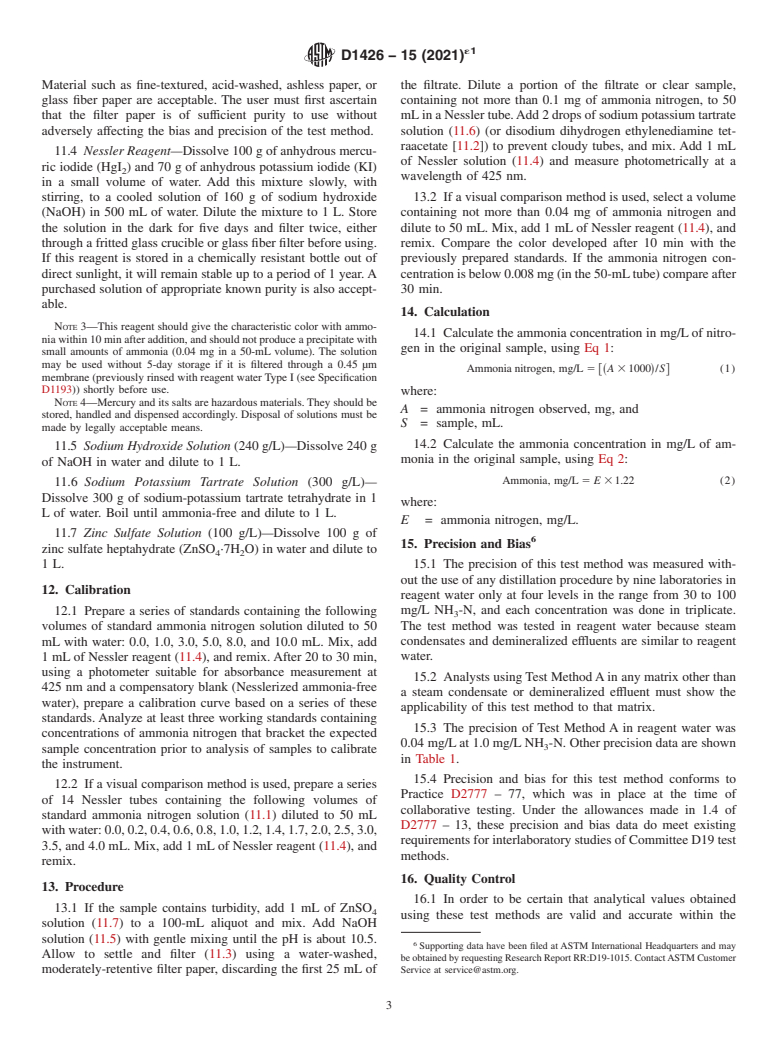 ASTM D1426-15(2021)e1 - Standard Test Methods for  Ammonia Nitrogen In Water