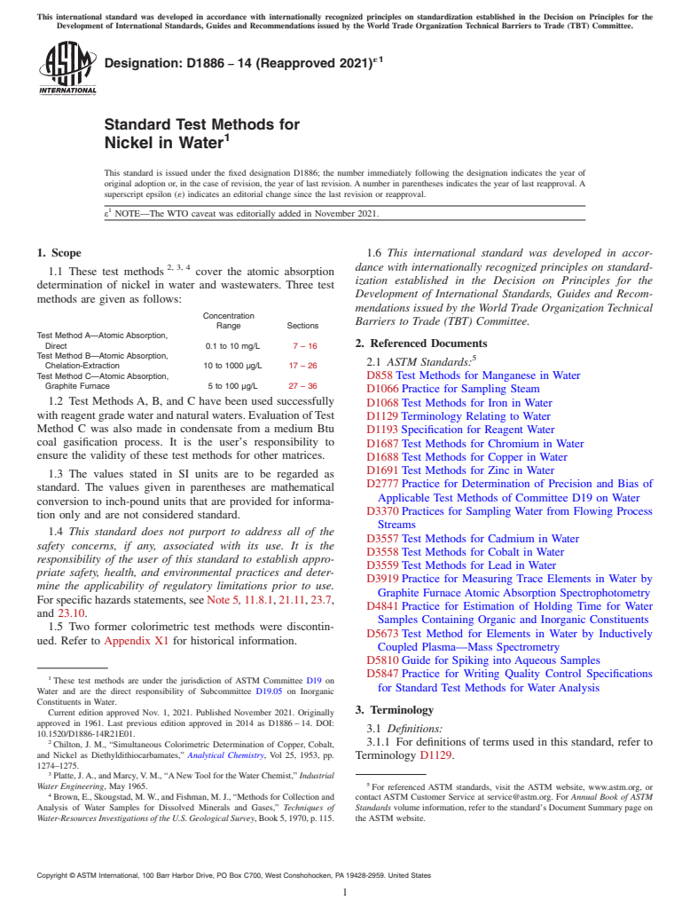 ASTM D1886-14(2021)e1 - Standard Test Methods for  Nickel in Water