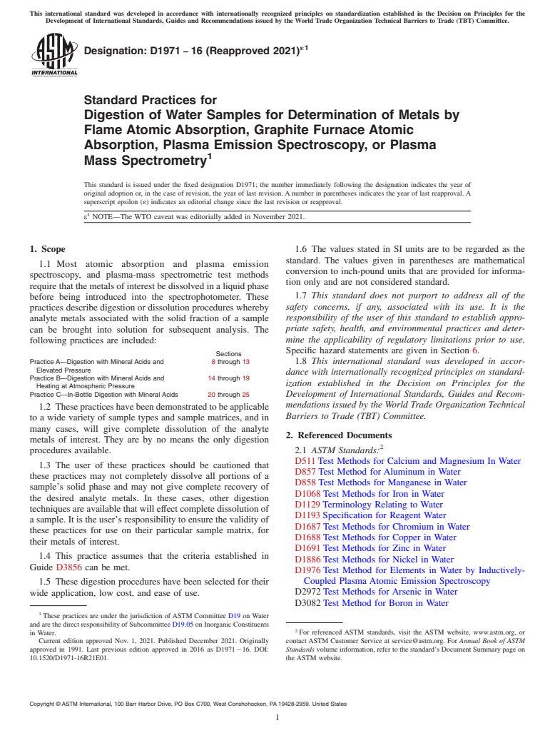 ASTM D1971-16(2021)e1 - Standard Practices for  Digestion of Water Samples for Determination of Metals by Flame   Atomic Absorption, Graphite Furnace Atomic Absorption, Plasma Emission   Spectroscopy, or Plasma Mass Spectrometry