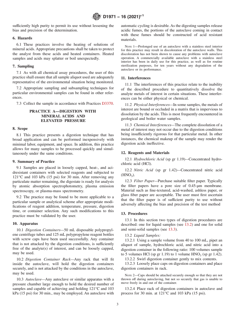 ASTM D1971-16(2021)e1 - Standard Practices for  Digestion of Water Samples for Determination of Metals by Flame   Atomic Absorption, Graphite Furnace Atomic Absorption, Plasma Emission   Spectroscopy, or Plasma Mass Spectrometry