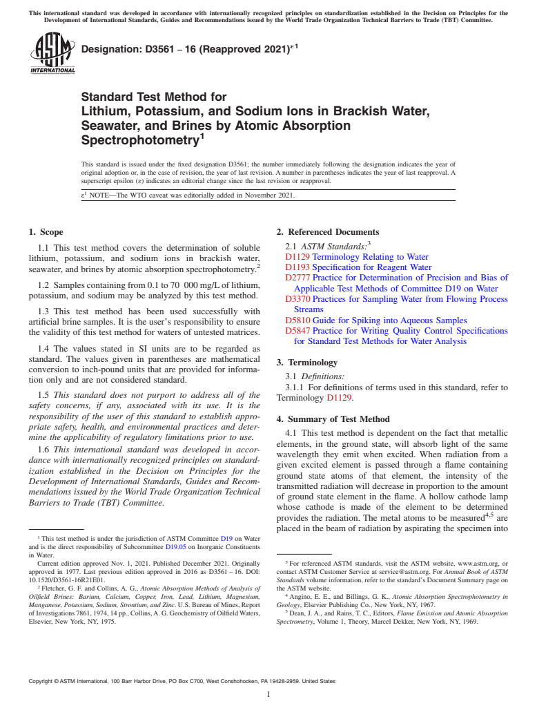 ASTM D3561-16(2021)e1 - Standard Test Method for  Lithium, Potassium, and Sodium Ions in Brackish Water, Seawater,   and Brines by Atomic Absorption Spectrophotometry