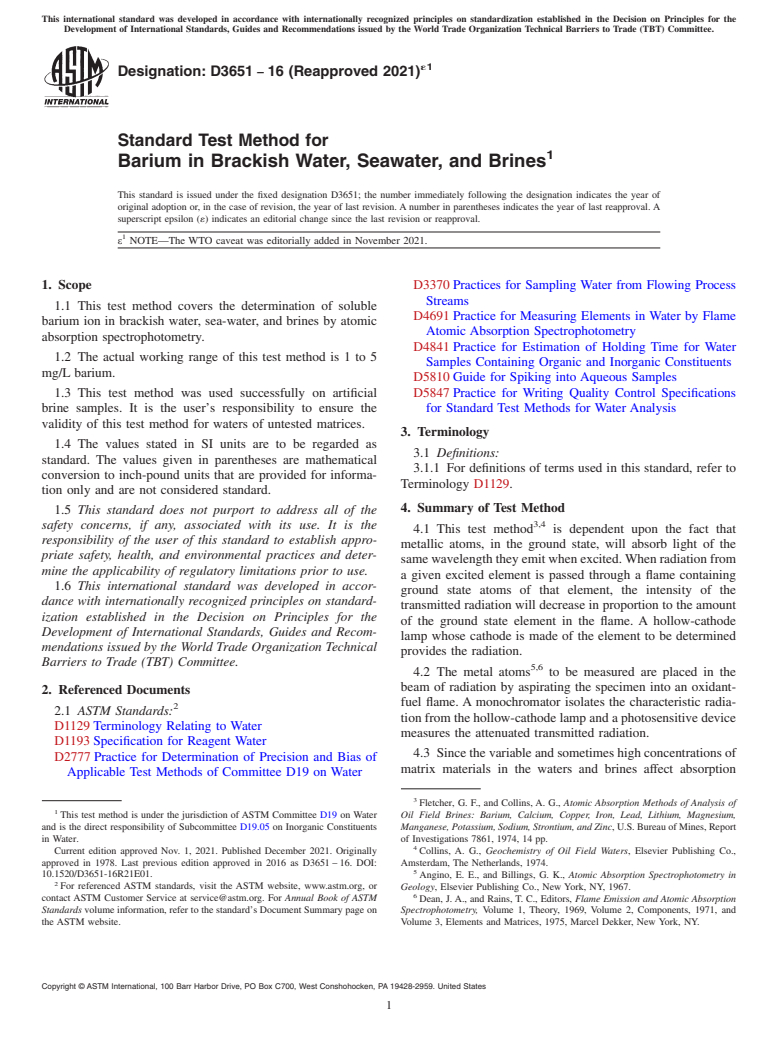 ASTM D3651-16(2021)e1 - Standard Test Method for  Barium in Brackish Water, Seawater, and Brines