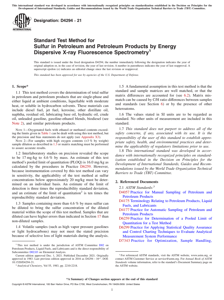 ASTM D4294-21 - Standard Test Method for Sulfur in Petroleum and Petroleum Products by Energy Dispersive   X-ray Fluorescence  Spectrometry