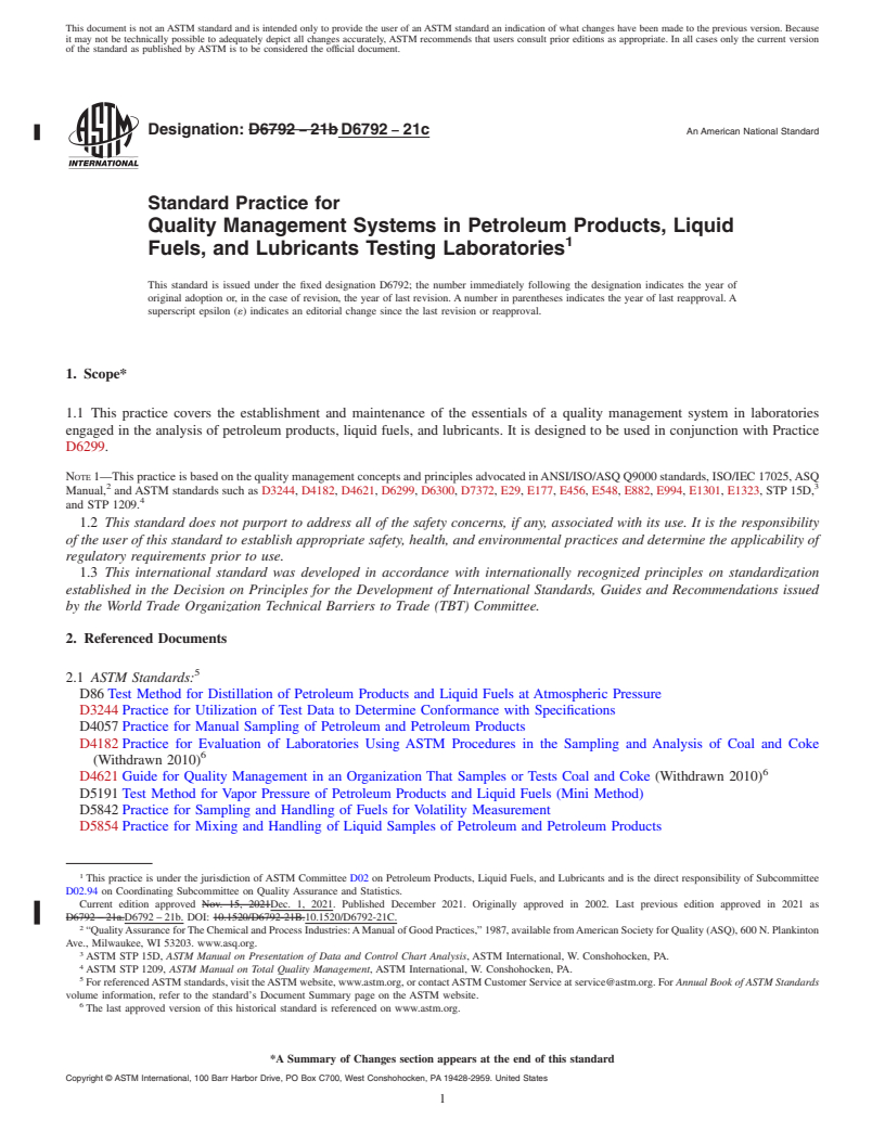 REDLINE ASTM D6792-21c - Standard Practice for Quality Management Systems in Petroleum Products, Liquid Fuels,  and Lubricants Testing Laboratories