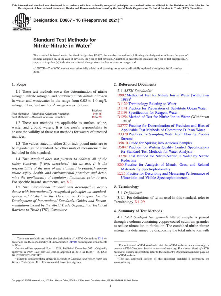 ASTM D3867-16(2021)e1 - Standard Test Methods for  Nitrite-Nitrate in Water