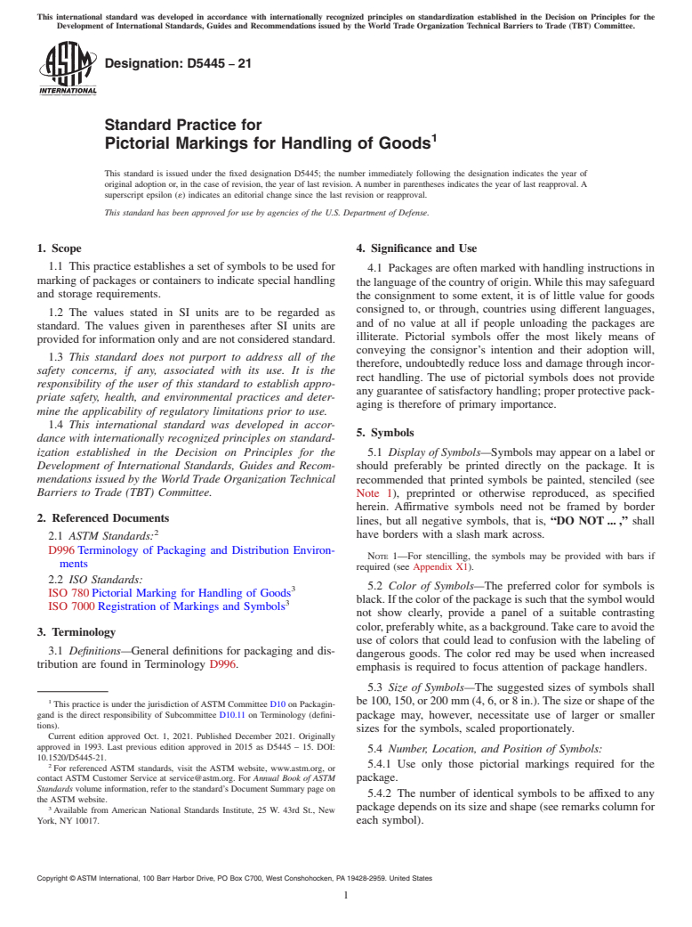 ASTM D5445-21 - Standard Practice for  Pictorial Markings for Handling of Goods