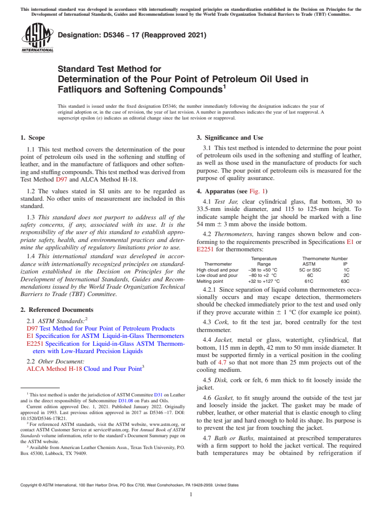 ASTM D5346-17(2021) - Standard Test Method for  Determination of the Pour Point of Petroleum Oil Used in Fatliquors  and Softening Compounds