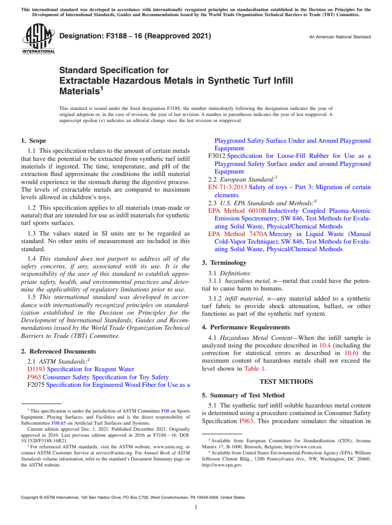 ASTM F3188-16(2021) - Standard Specification for Extractable Hazardous Metals in Synthetic Turf Infill Materials