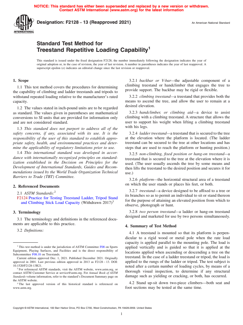 ASTM F2128-13(2021) - Standard Test Method for  Treestand Repetitive Loading Capability