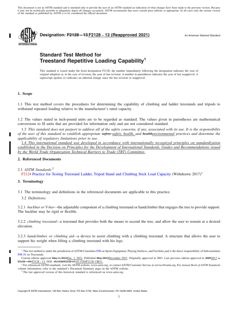 REDLINE ASTM F2128-13(2021) - Standard Test Method for  Treestand Repetitive Loading Capability