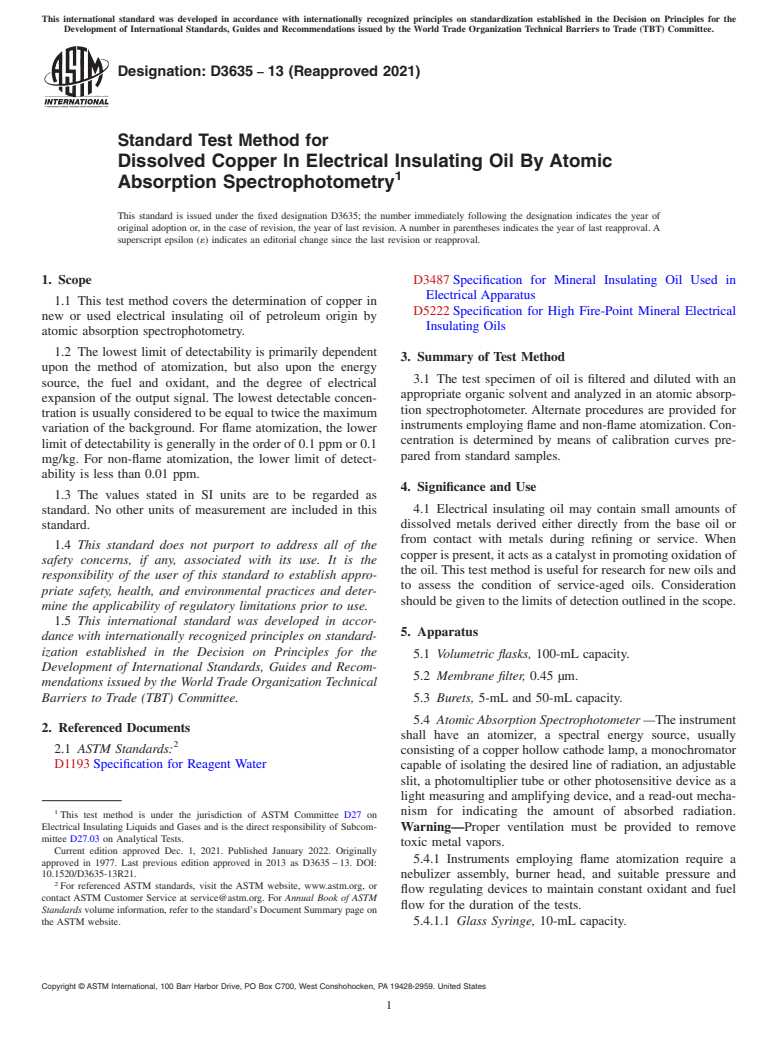 ASTM D3635-13(2021) - Standard Test Method for  Dissolved Copper In Electrical Insulating Oil By Atomic Absorption   Spectrophotometry