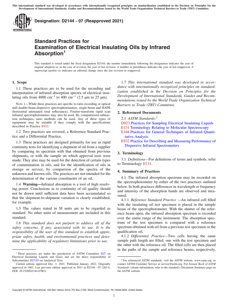 ASTM D2144-07(2021) - Standard Practices for  Examination of Electrical Insulating Oils by Infrared Absorption