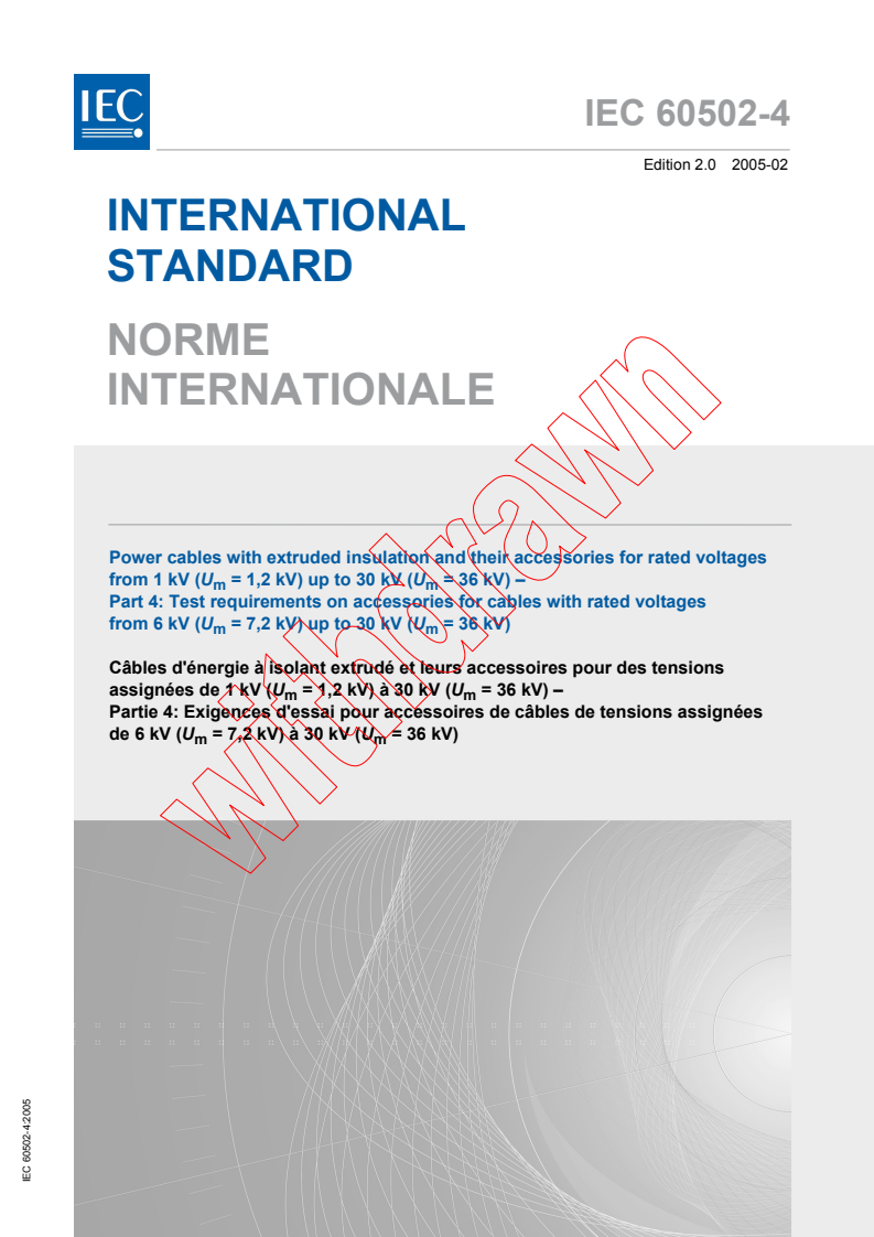 IEC 60502-4:2005 - Power cables with extruded insulation and their accessories for rated voltages from 1 kV (Um = 1,2 kV) up to 30 kV (Um = 36 kV) - Part 4: Test requirements on accessories for cables with rated voltages from 6 kV (Um = 7,2 kV) up to 30 kV (Um = 36 kV)
Released:2/10/2005
Isbn:2831878527