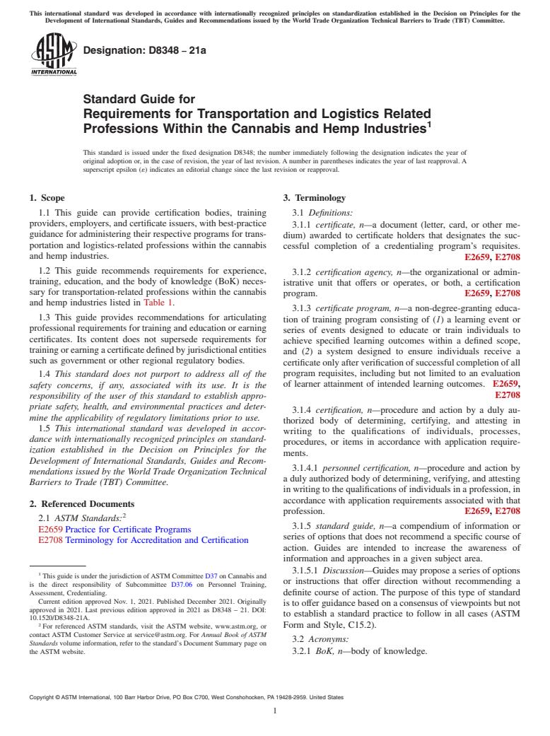 ASTM D8348-21a - Standard Guide for Requirements for Transportation and Logistics Related Professions  Within the Cannabis and Hemp Industries
