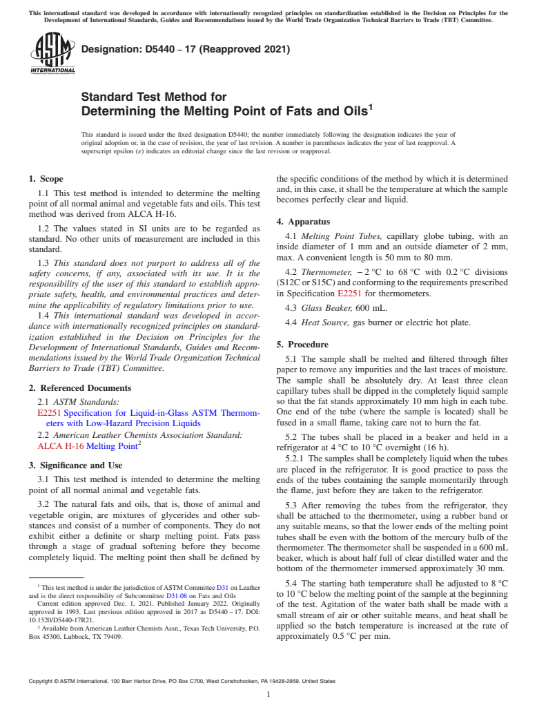 ASTM D5440-17(2021) - Standard Test Method for  Determining the Melting Point of Fats and Oils