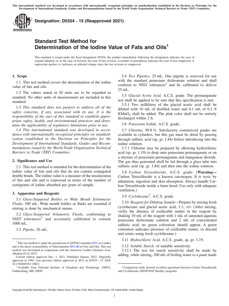 ASTM D5554-15(2021) - Standard Test Method for  Determination of the Iodine Value of Fats and Oils