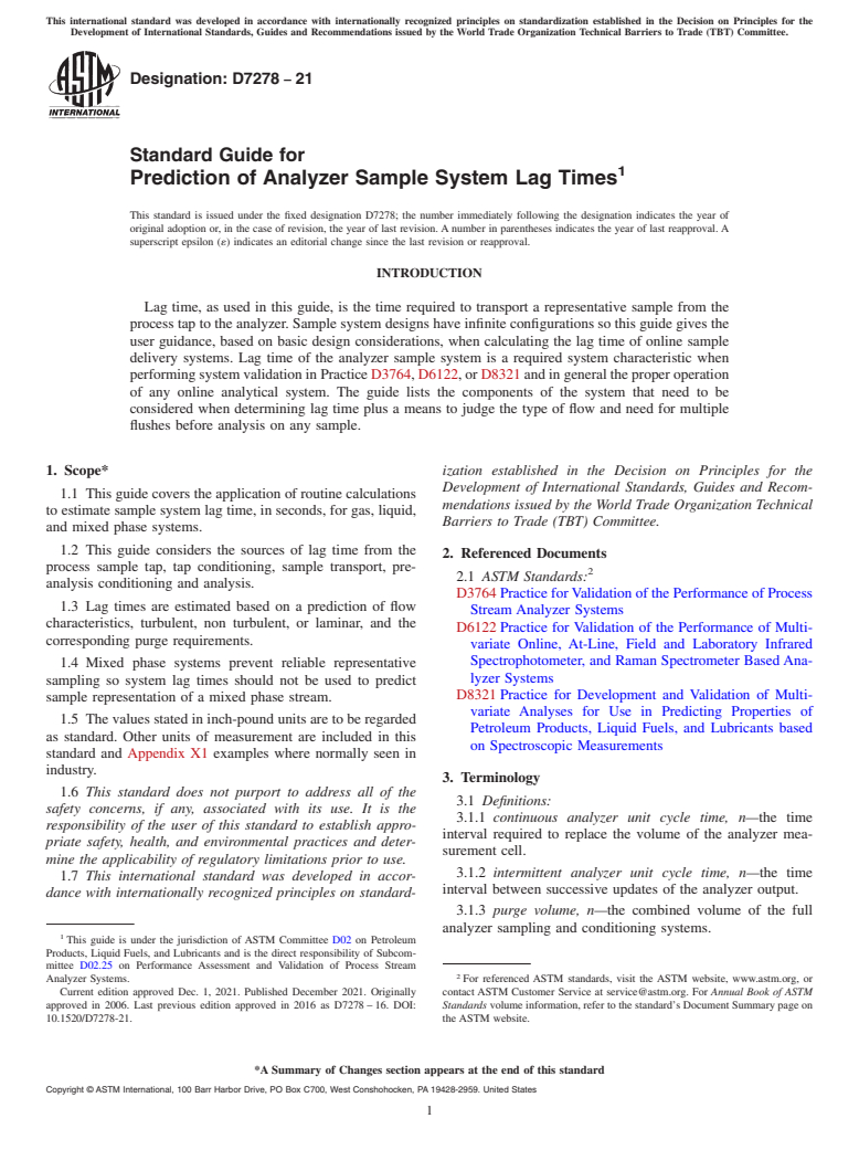 ASTM D7278-21 - Standard Guide for  Prediction of Analyzer Sample System Lag Times