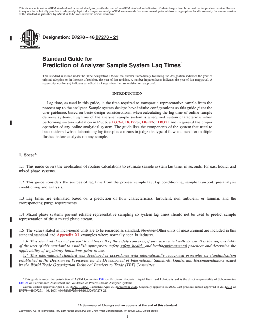 REDLINE ASTM D7278-21 - Standard Guide for  Prediction of Analyzer Sample System Lag Times