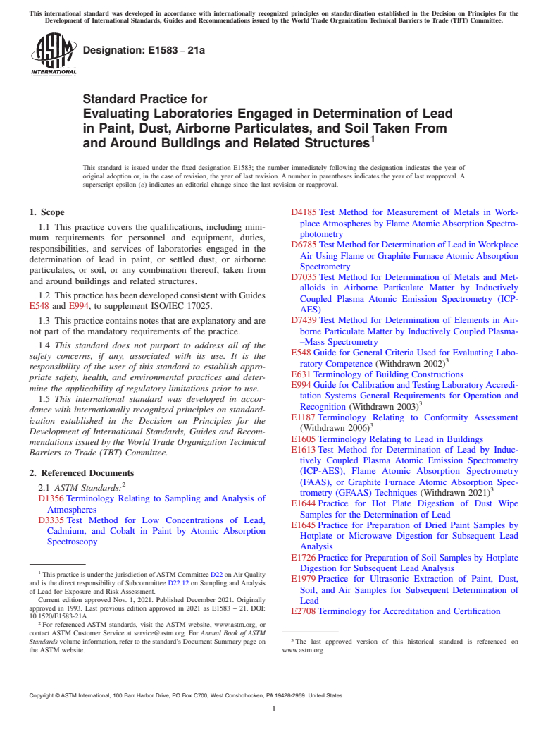 ASTM E1583-21a - Standard Practice for Evaluating Laboratories Engaged in Determination of Lead in  Paint, Dust, Airborne Particulates, and Soil Taken From and Around  Buildings and Related Structures